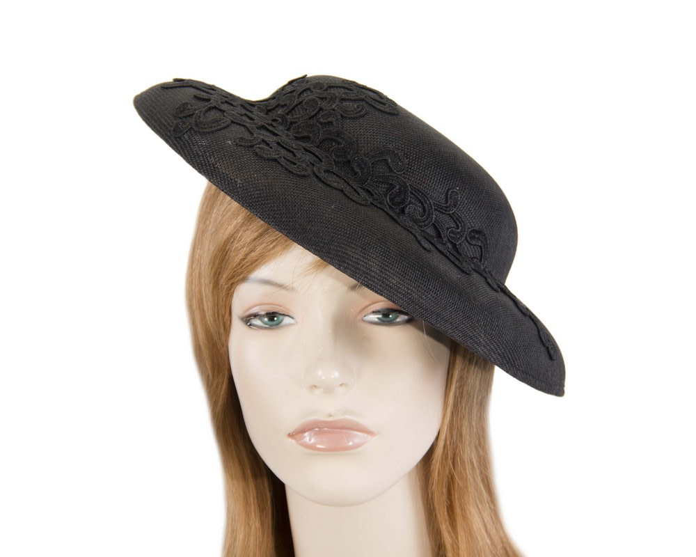 Unusual black boater hat with lace by Max Alexander