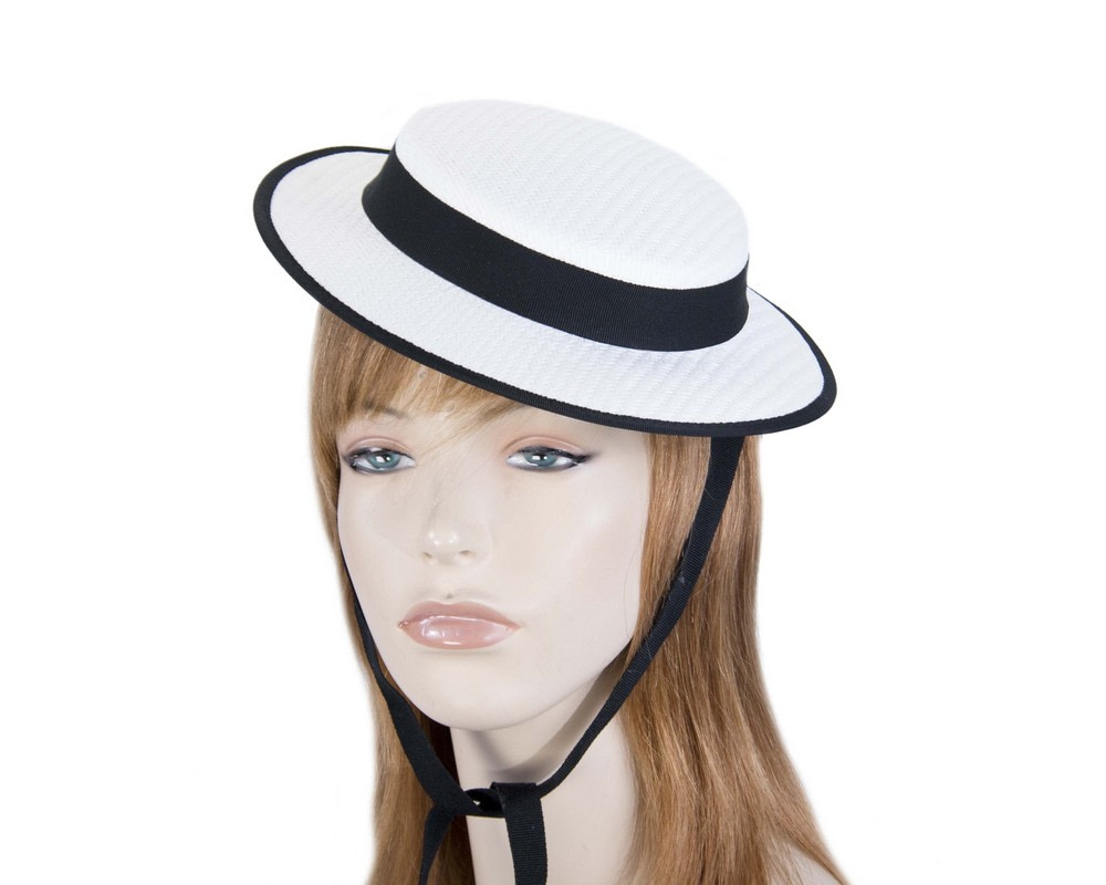 White & black mini boater hat by Max Alexander
