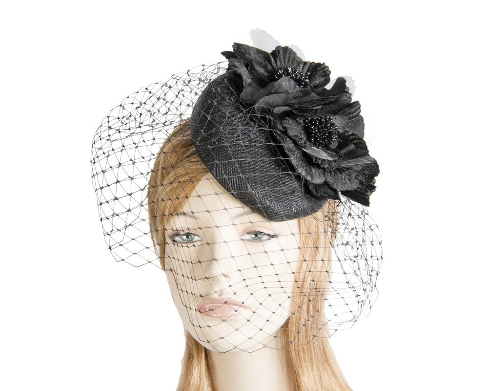Black flower pillbox with face veiling