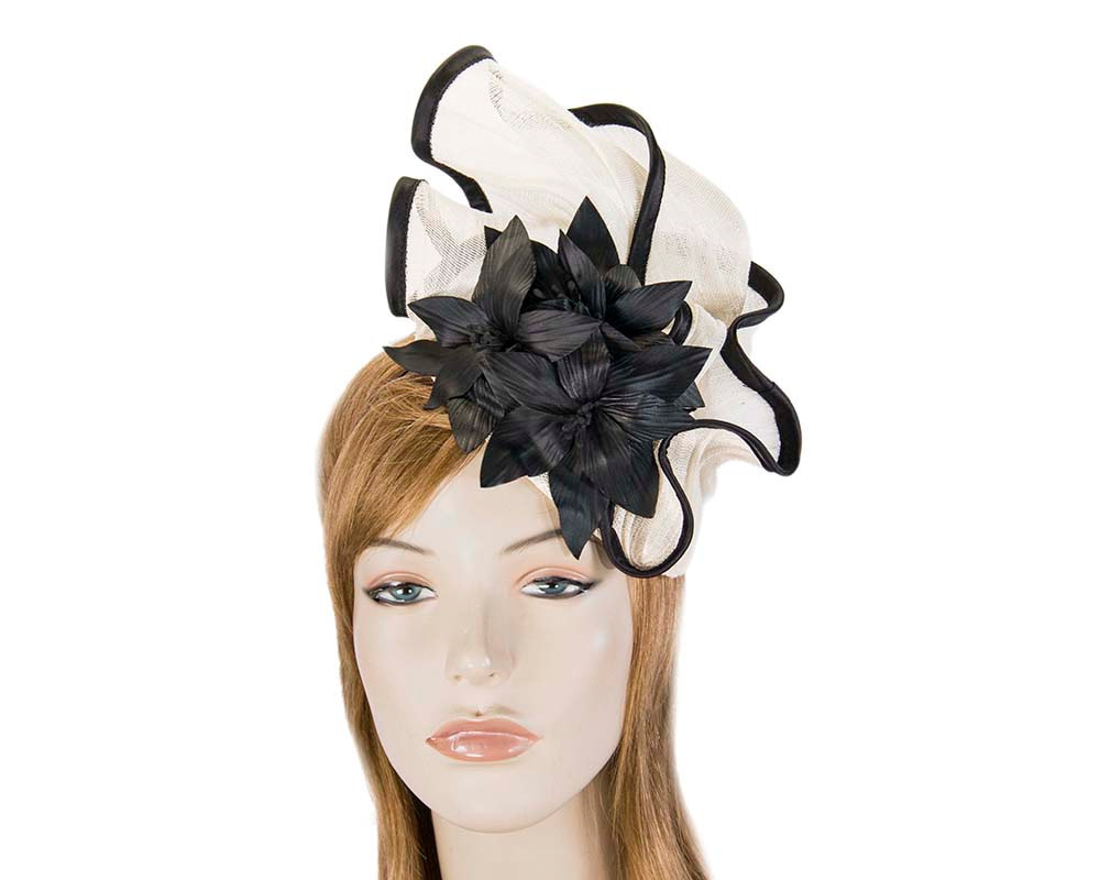 Cream & black fascinator with leather flowers by Fillies Collection