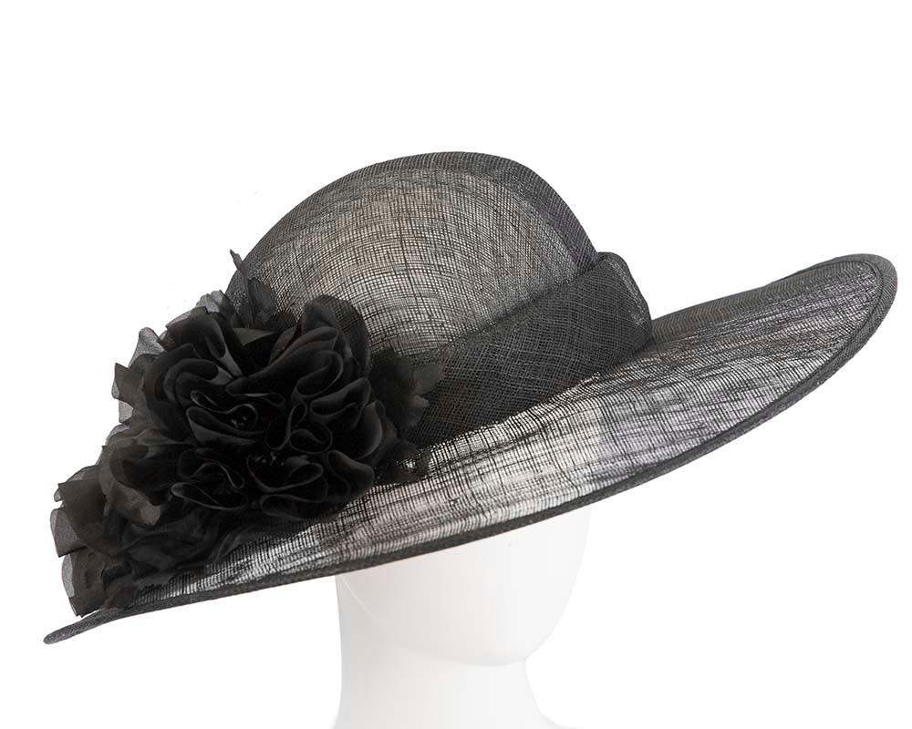 Wide brim black racing hat with flower by Max Alexander