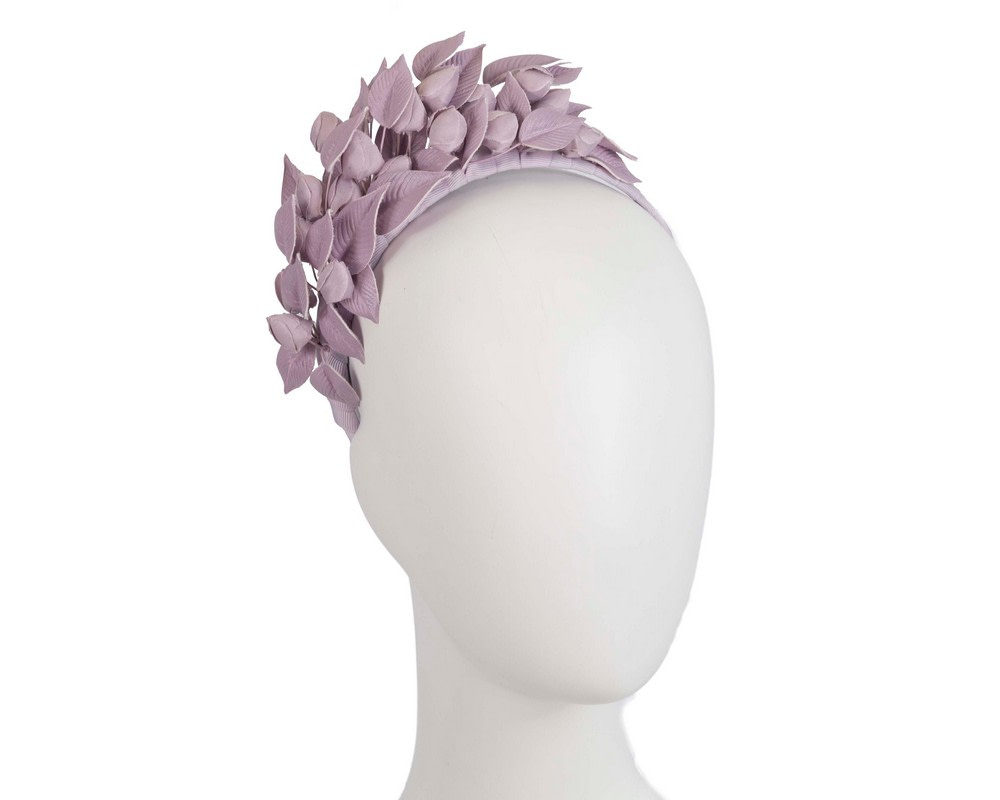 Lilac leather flower racing fascinator by Max Alexander