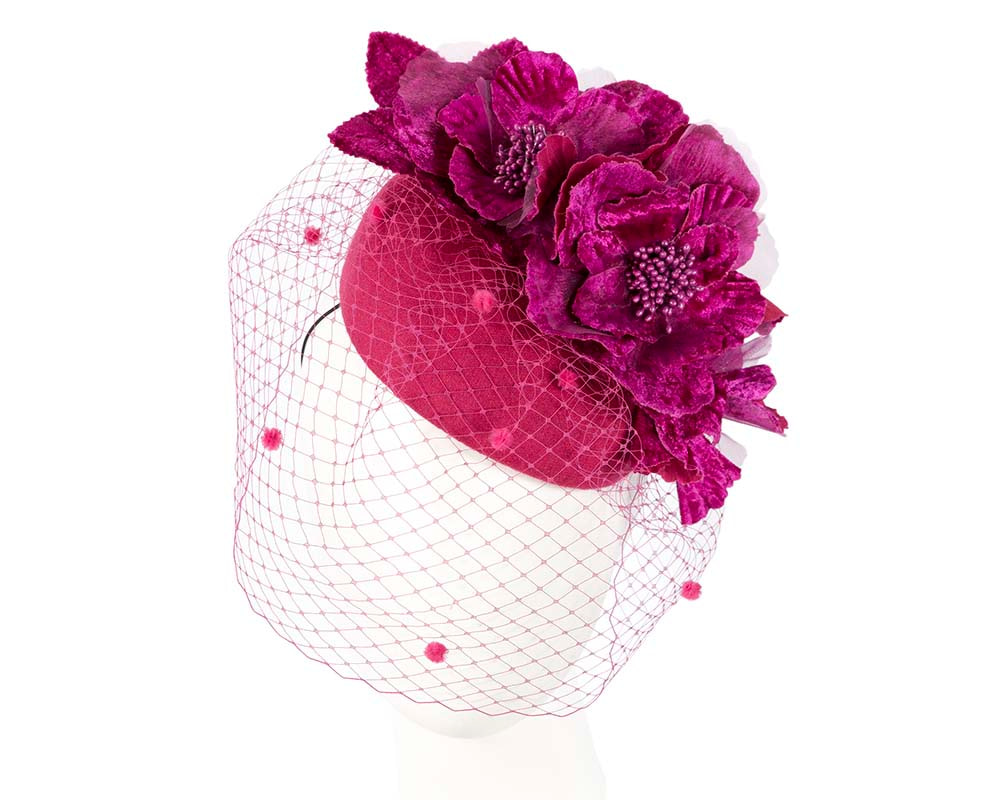 Fuchsia winter felt pillbox with face veil by Fillies Collection