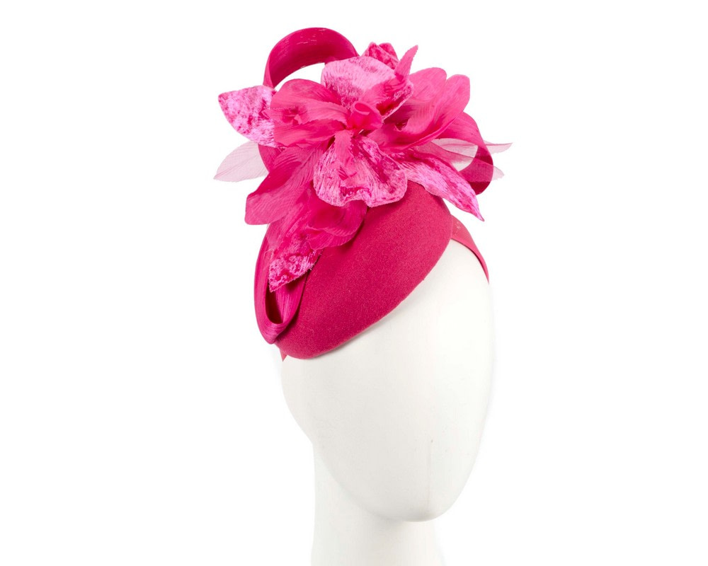 Bespoke fuchsia pillbox winter fascinator with flower by Fillies Collection