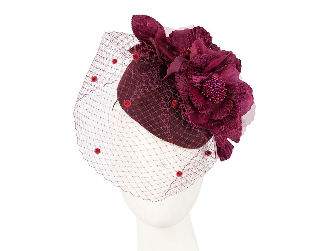 Burgundy winter felt pillbox with face veil by Fillies Collection