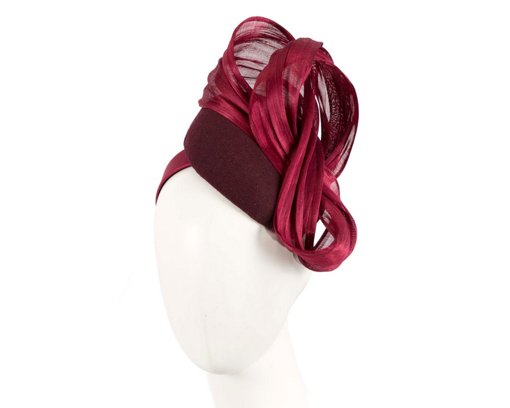 Bespoke burgundy winter racing pillbox with bow by Fillies Collection