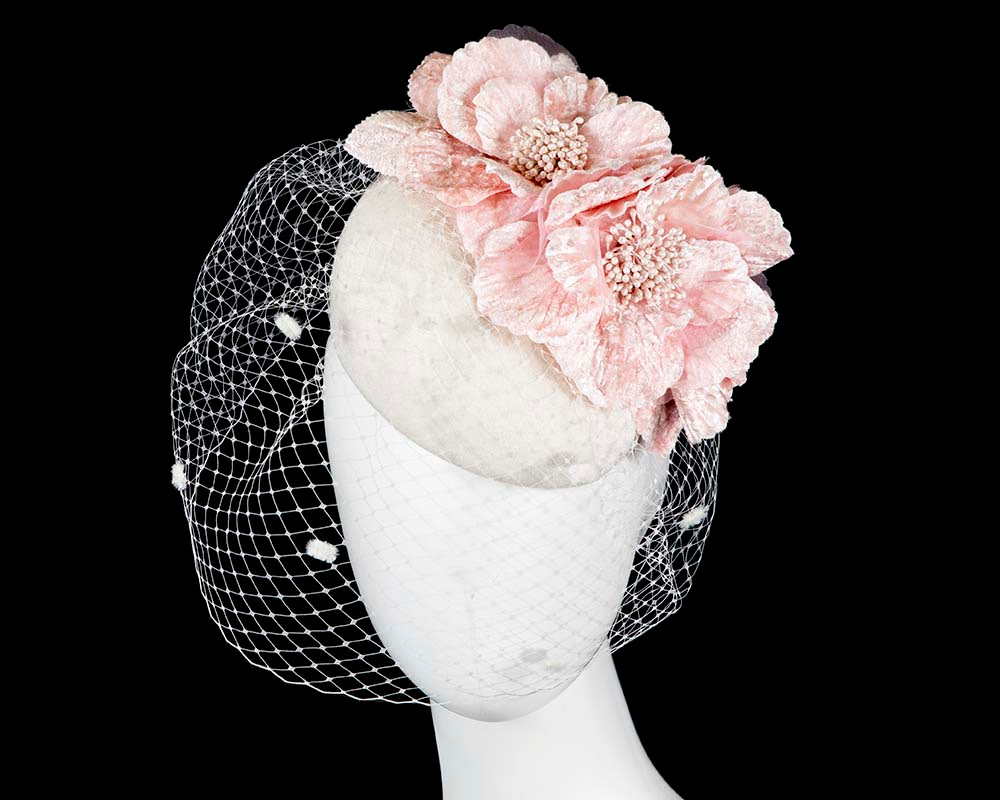 Cream & pink winter felt pillbox with face veil by Fillies Collection