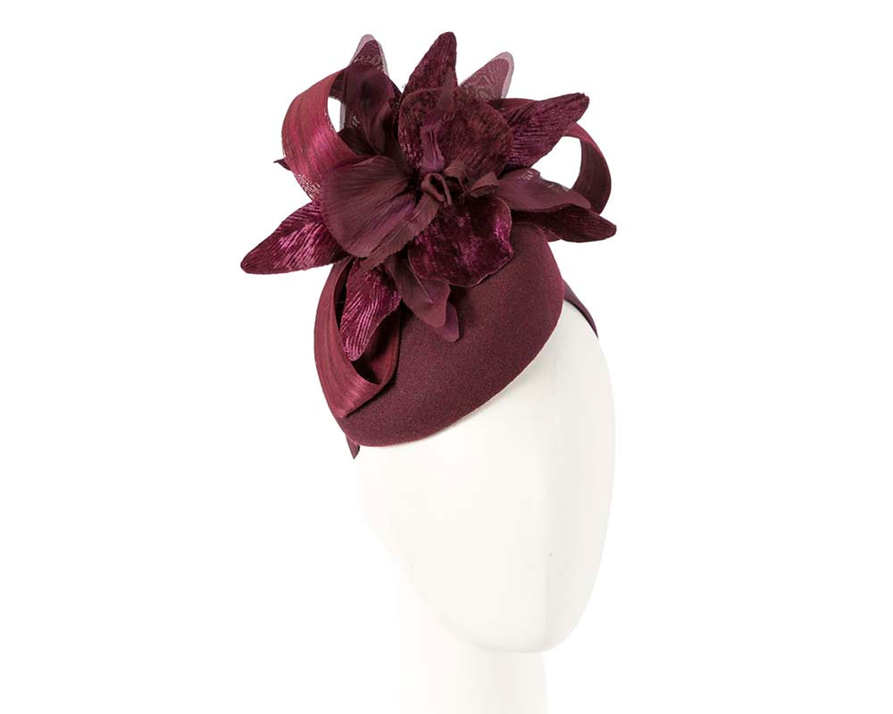 Bespoke burgundy pillbox winter fascinator with flower by Fillies Collection