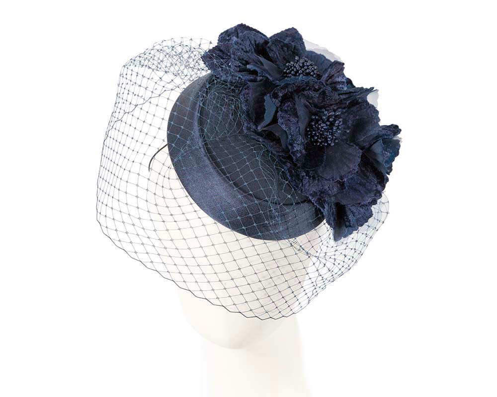 Navy pillbox hat with flowers and veil by Cupids Millinery - Fascinators.com.au