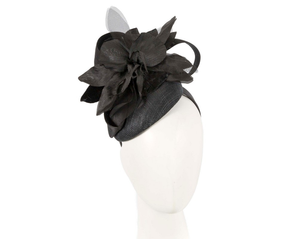 Bespoke black pillbox racing fascinator with flower by Fillies Collection