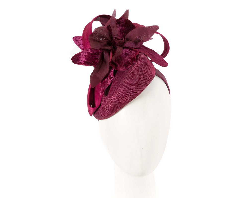 Bespoke burgundy pillbox racing fascinator with flower by Fillies Collection