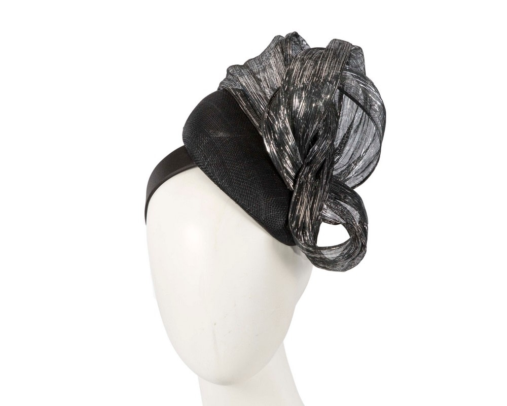 Black pillbox silver silk abaca bow by Fillies Collection