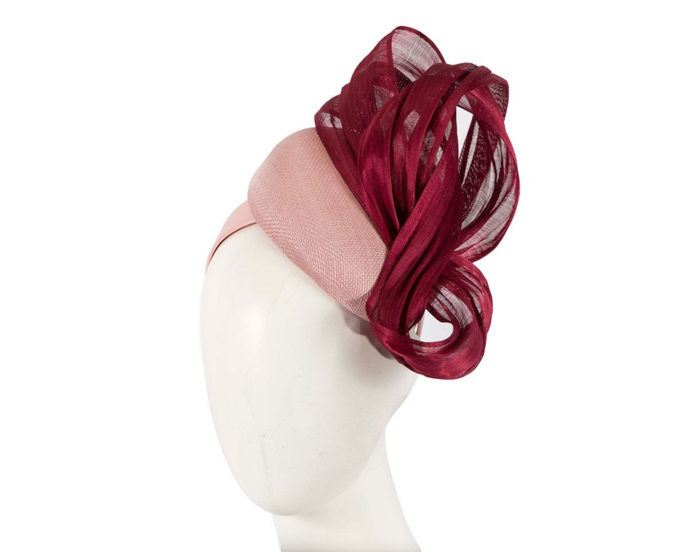 Pink pillbox burgundy silk abaca bow by Fillies Collection