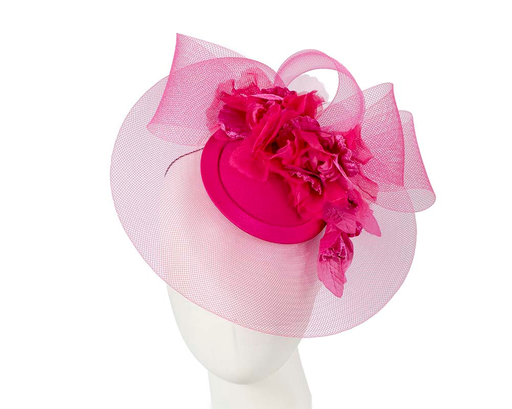 Fuchsia cocktail hat with flowers by Cupids Millinery