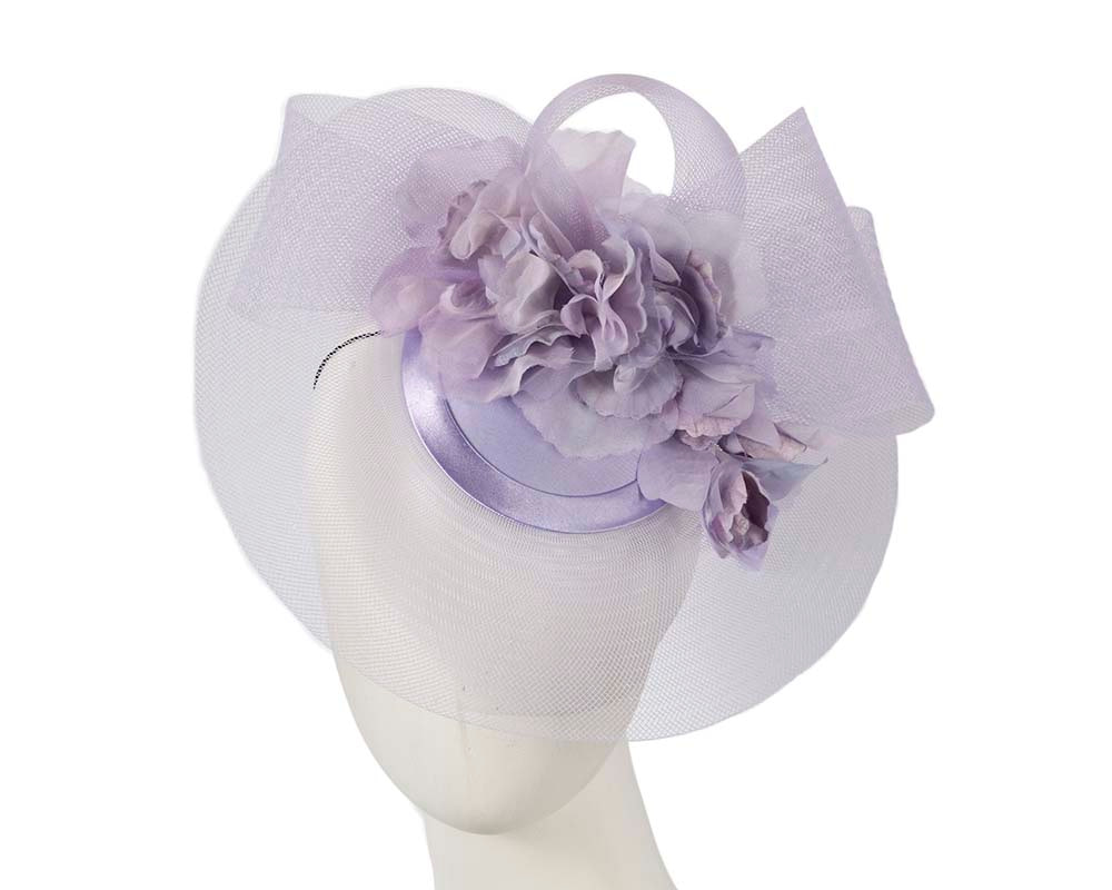Lilac cocktail hat with flowers by Cupids Millinery