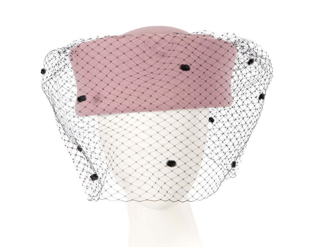 Dusty pink winter fashion beret hat with face veil