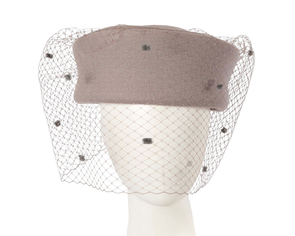 Grey winter fashion beret hat with face veil