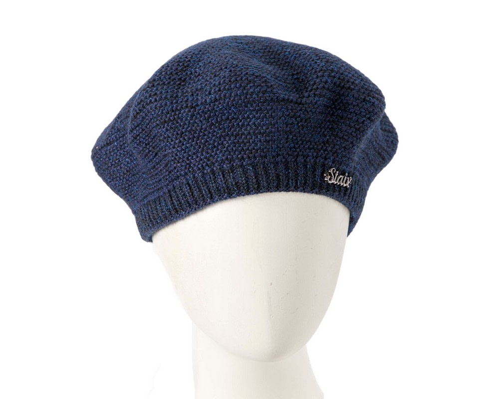 Classic warm crocheted navy wool beret. Made in Europe