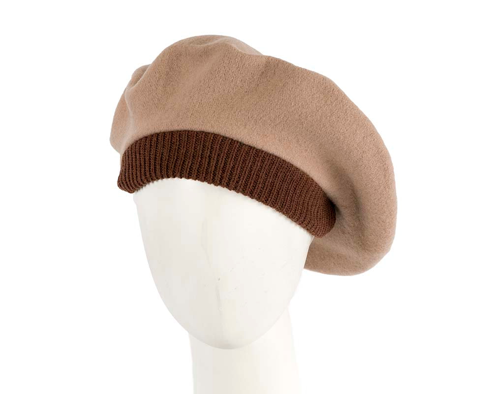 Warm beige and brown woolen embroidered European Made beret