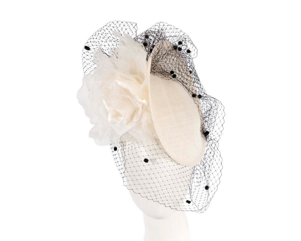 Traditional cream & black fascinator with flowers and face veil
