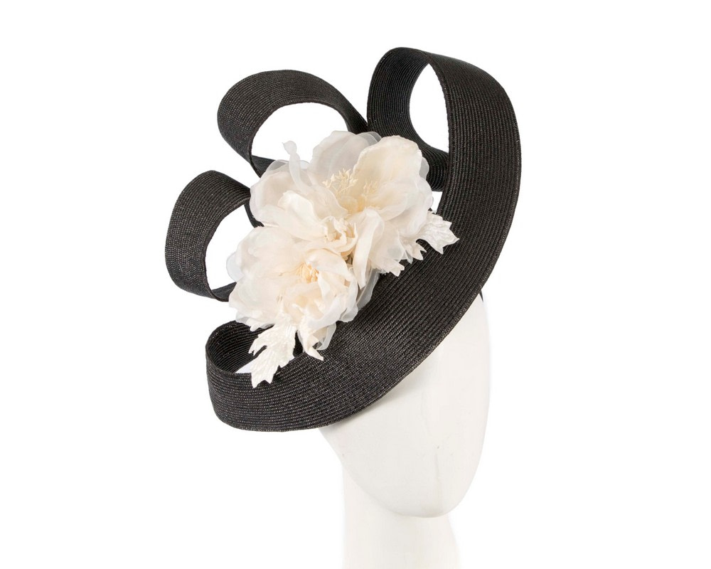 Large black fascinator with cream flower by Fillies Collection