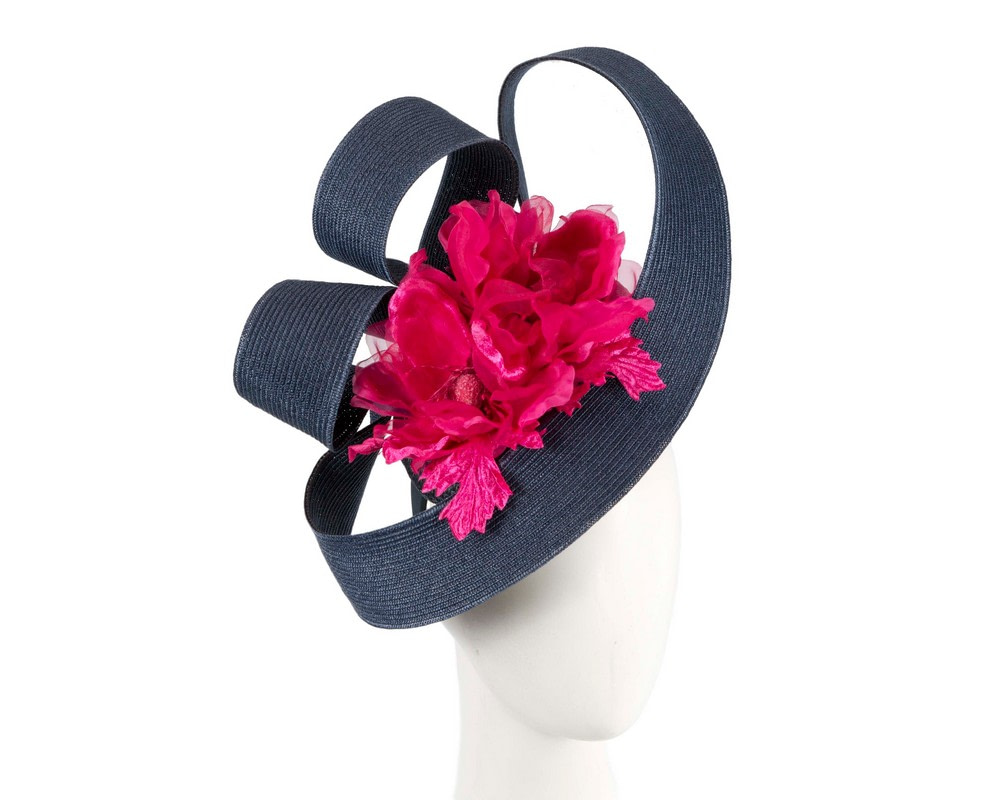 Large navy fascinator with fuchsia flower by Fillies Collection
