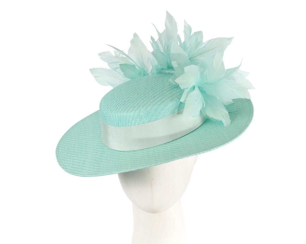 Aqua boater hat with feathers by Max Alexander