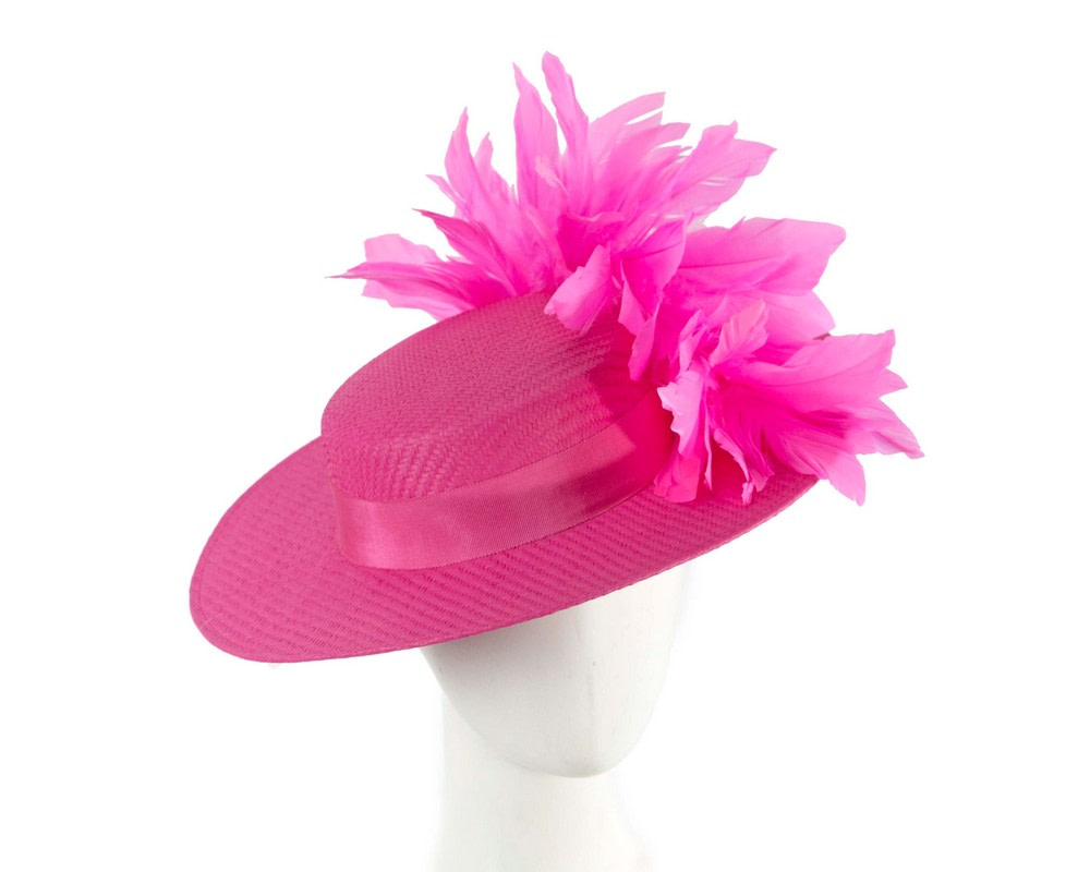 Fuchsia boater hat with feathers by Max Alexander