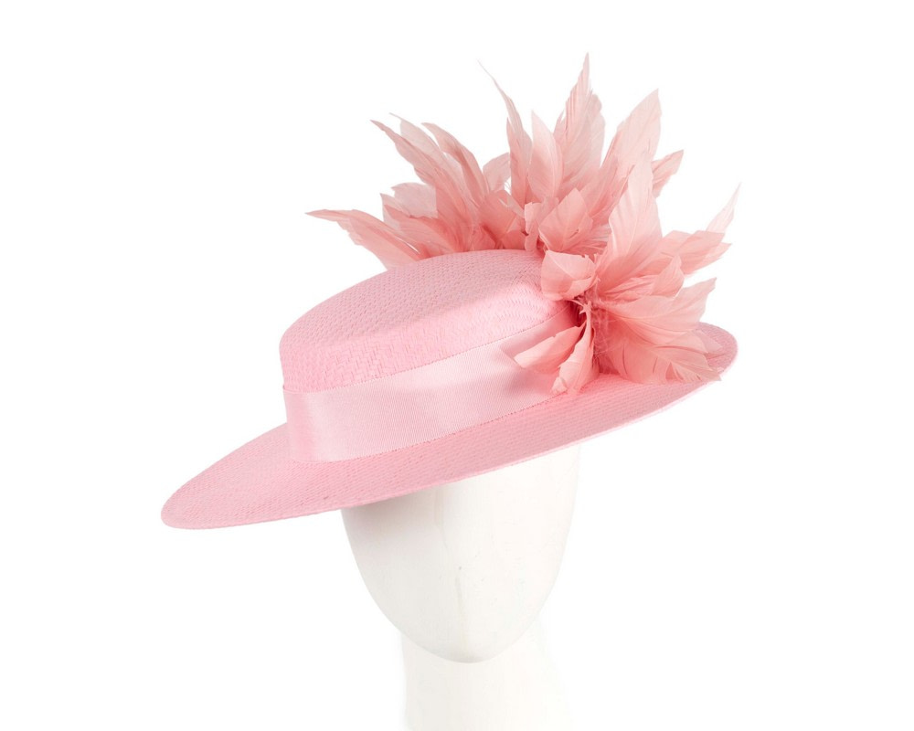 Pink boater hat with feathers by Max Alexander
