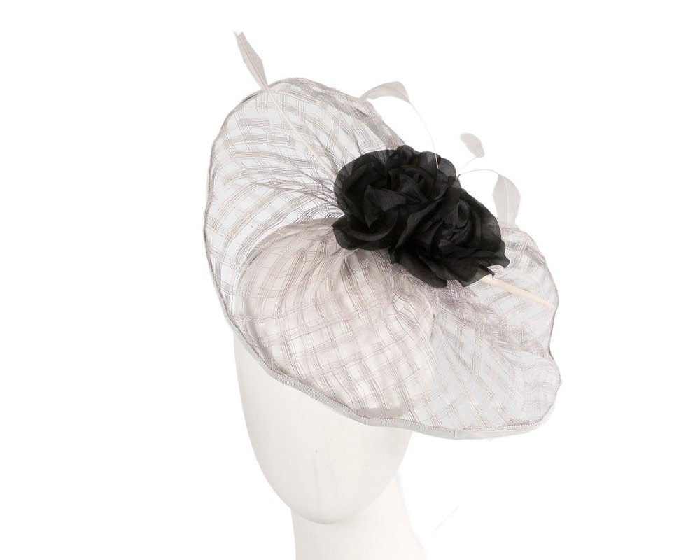 Large silver fascinator with black flower
