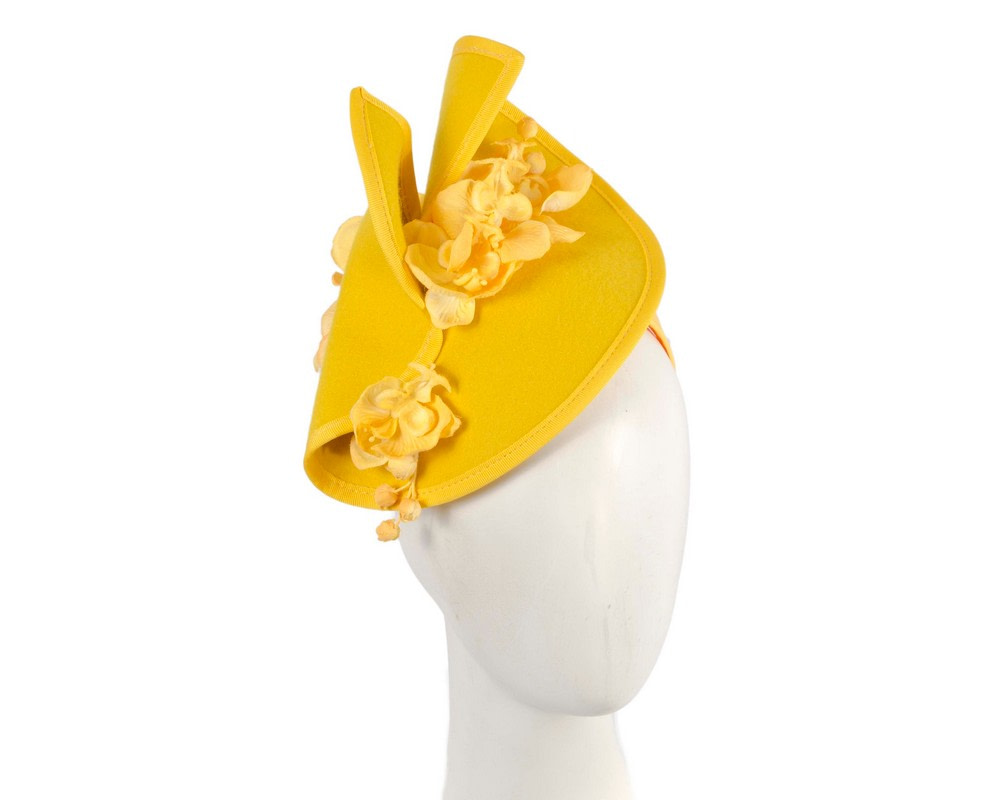 Yellow winter fascinator with orchid by Fillies Collection