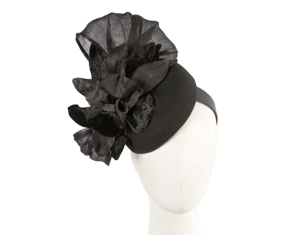 Black winter flower pillbox fascinator by Fillies Collection