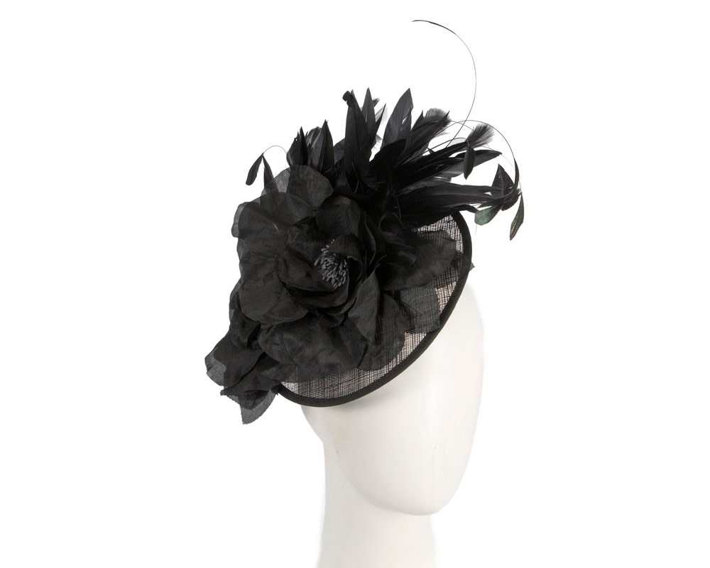 Black racing fascinator with flower and feathers
