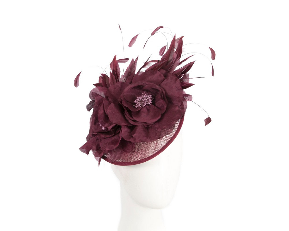 Burgundy racing fascinator with flower and feathers