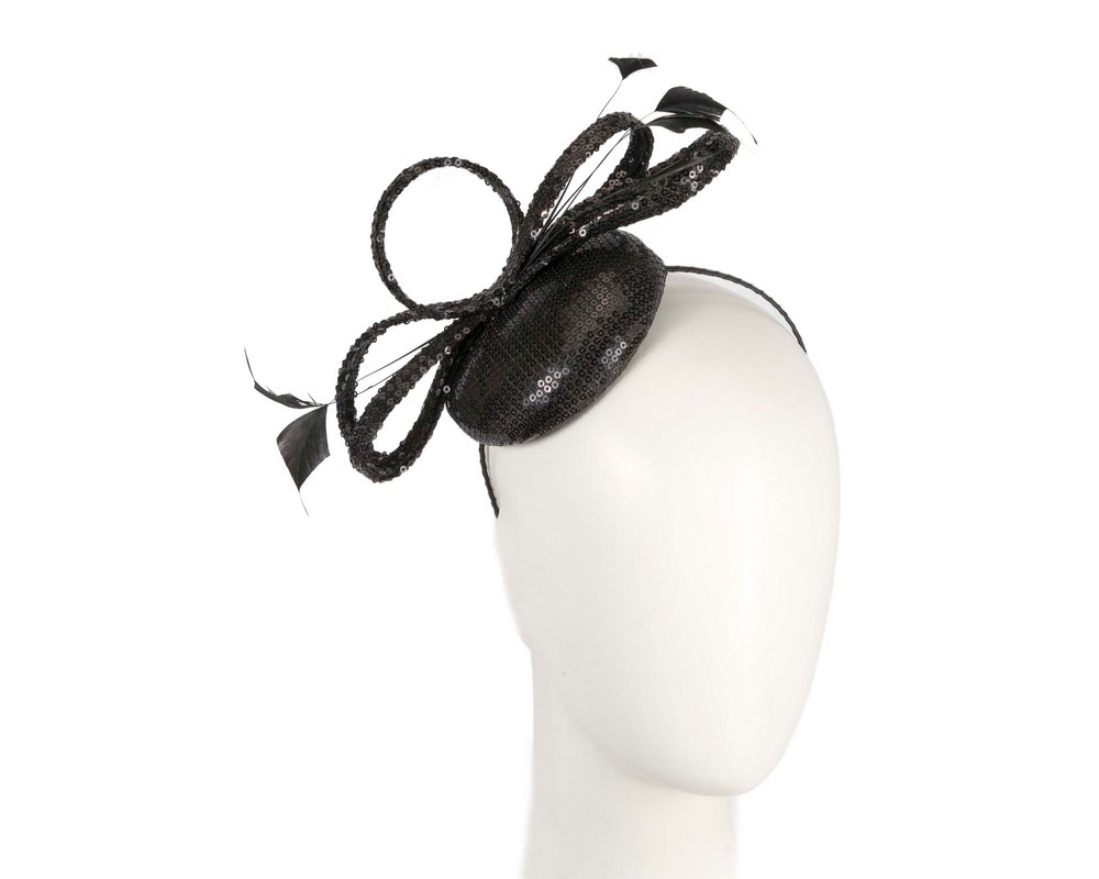 Sparkly black sinamay fascinator on the headband