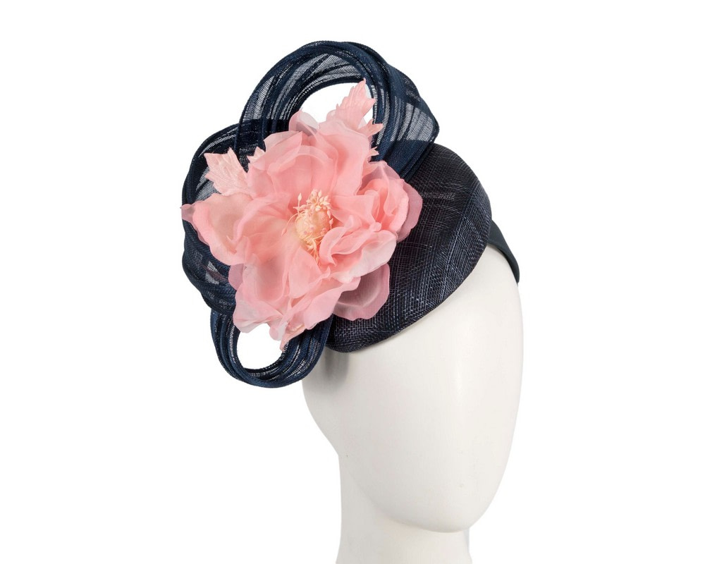 Navy and pink flower pillbox racing fascinator by Fillies Collection