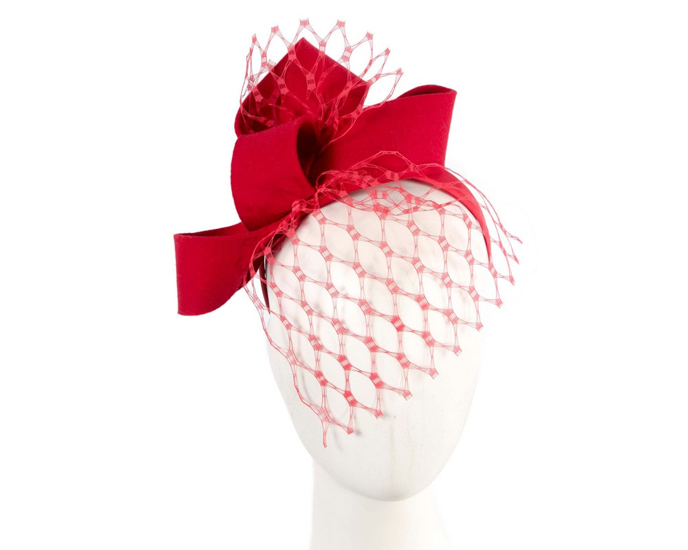 Red felt racing fascinator with face veil