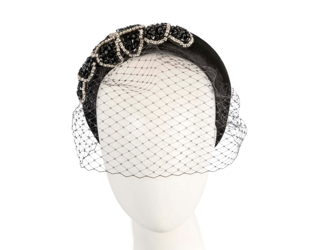 Black headband with face veil by Max Alexander