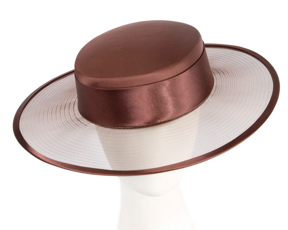 Custom made chocolate boater hat by Cupids Millinery