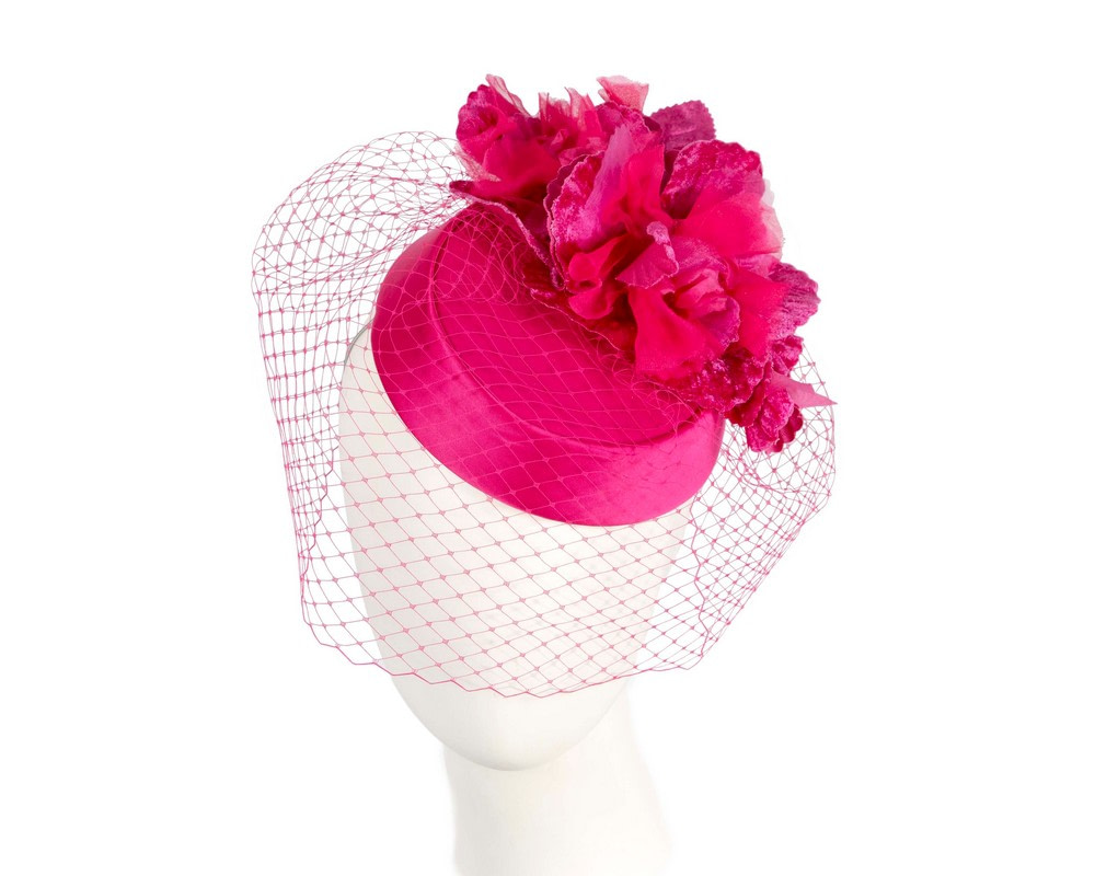 Fuchsia pillbox hat with flowers and veil by Cupids Millinery