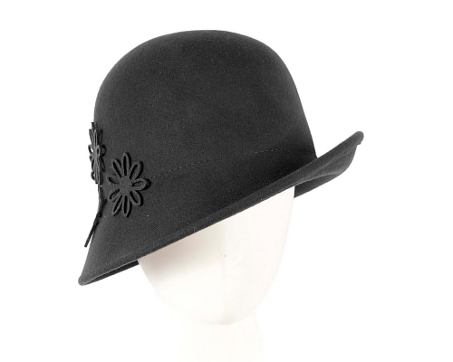 Black cloche winter felt hat with laser-cut flowers by Max Alexander