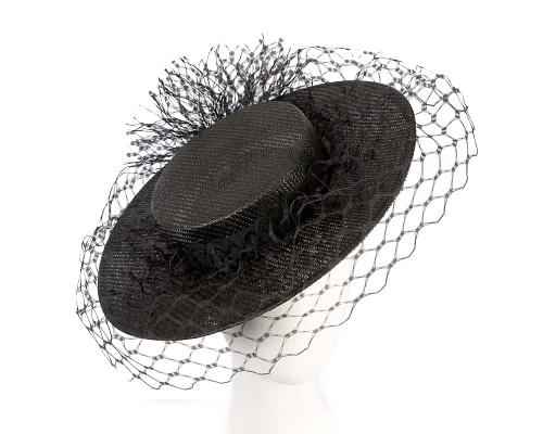 Elegant Black Boater Hat with face veil by Fillies Collection