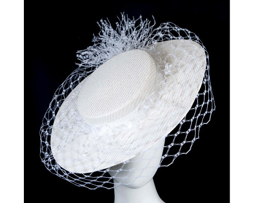 Elegant White Boater Hat with face veil by Fillies Collection