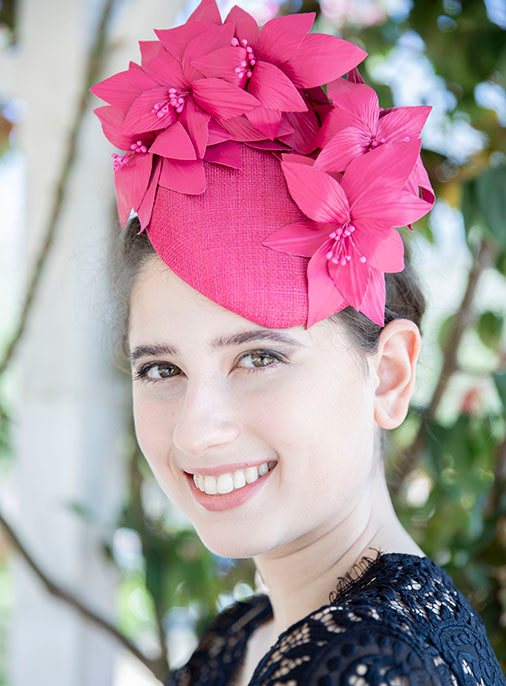 Fuchsia racing fascinator with feathers by Max Alexander - Fascinators.com.au