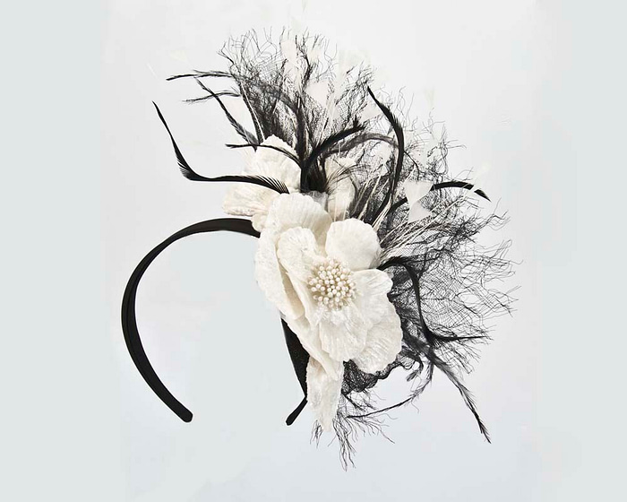 Black cream feather flower racing fascinator - Fascinators.com.au