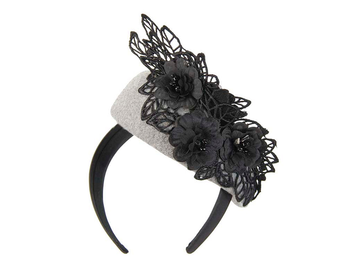 Silver & black lace winter pillbox fascinator - Fascinators.com.au