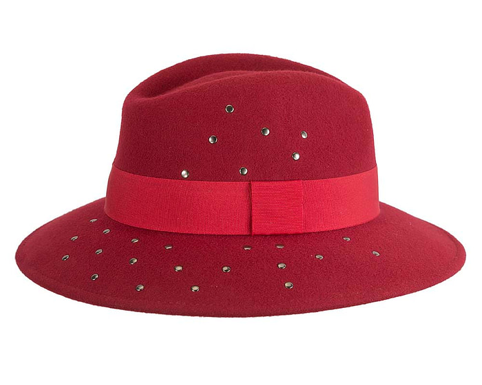 Wide brim dark red felt fedora with studs by Max Alexander - Fascinators.com.au