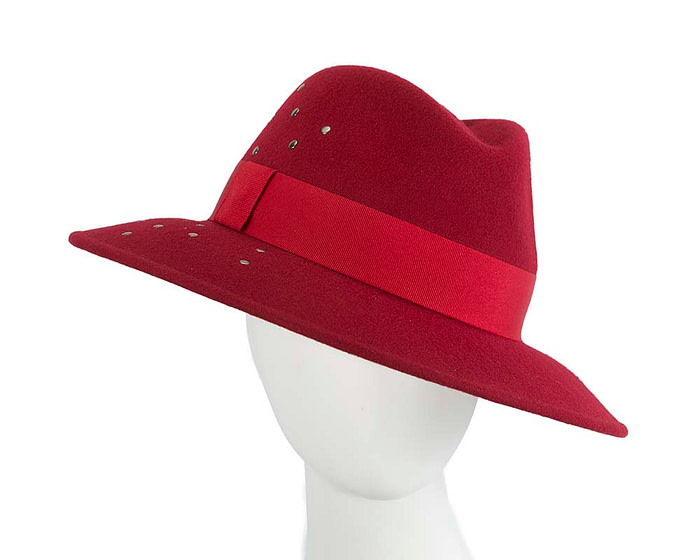 Wide brim dark red felt fedora with studs by Max Alexander - Fascinators.com.au