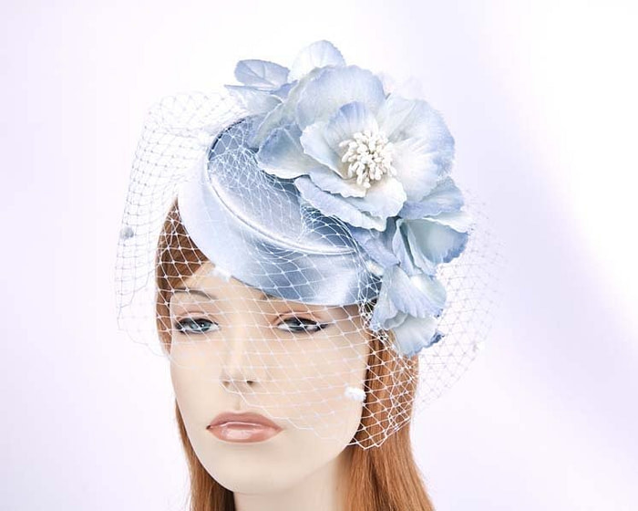 Ice blue pillbox with flowers and veil K5015IB - Fascinators.com.au