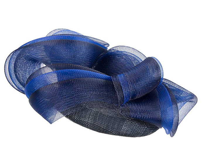 Navy pillbox racing fascinator with blue wavy trim by Fillies Collection - Fascinators.com.au